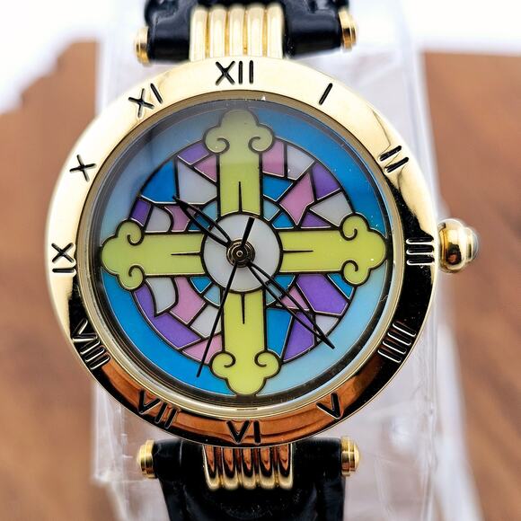 Stain Glasses Motif Dial Wrist Watch Black Band Gold Bezel Artsy Colorful Spring - Picture 2 of 6